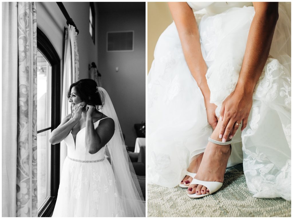 bride getting into wedding dress