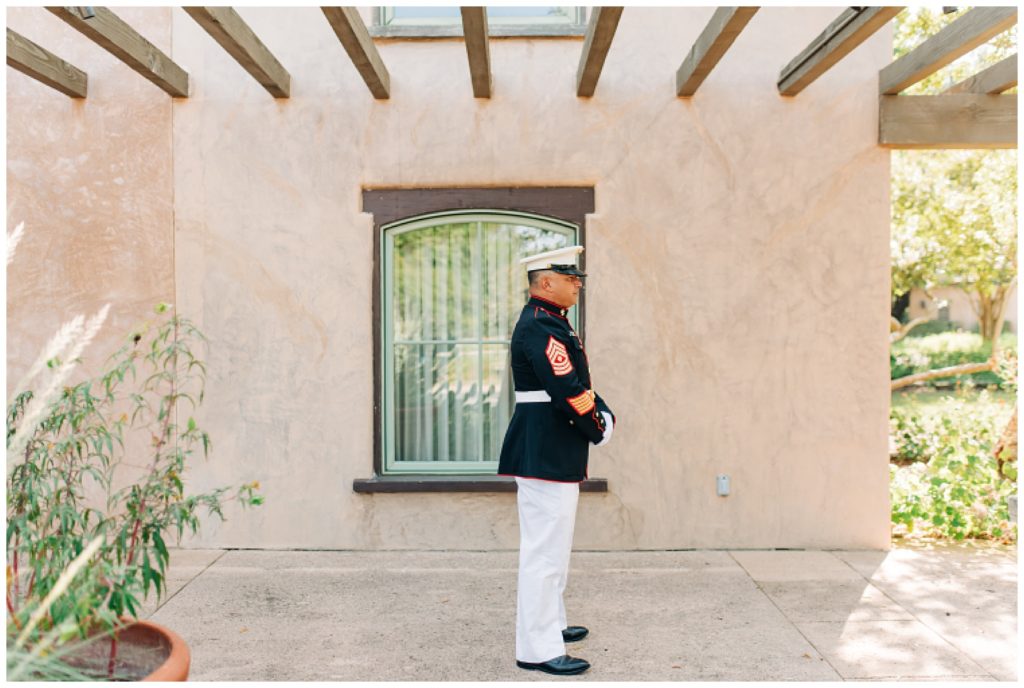 bride and groom first look on wedding day at cimarron hills wedding venue