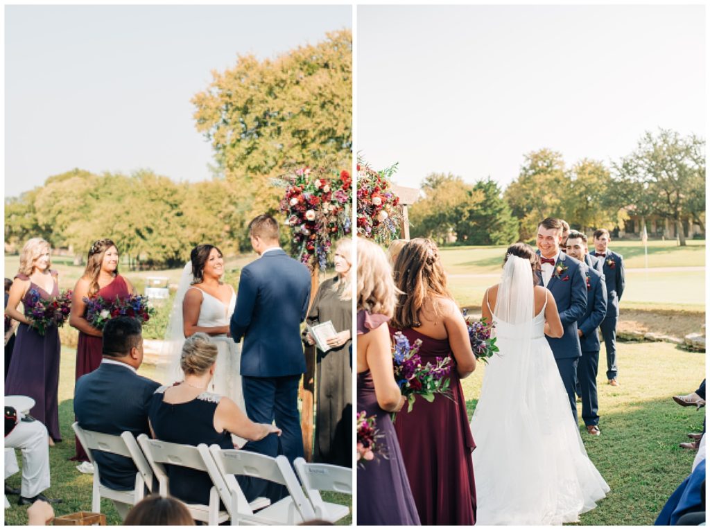 outdoor wedding ceremony at cimarron hills wedding venue with jewel toned florals