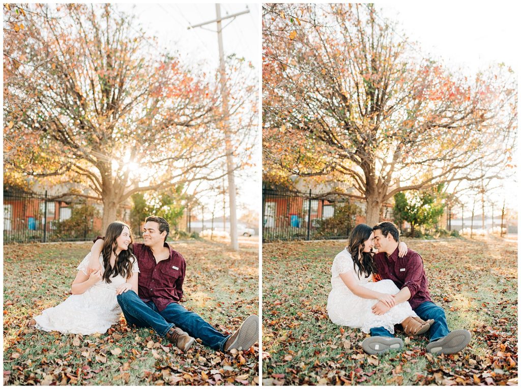 Engaged couple posing for portraits in the fall at the Lubbock Memorial Arboretum