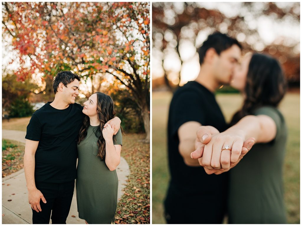 Engaged couple posing for portraits in the fall at the Lubbock Memorial Arboretum