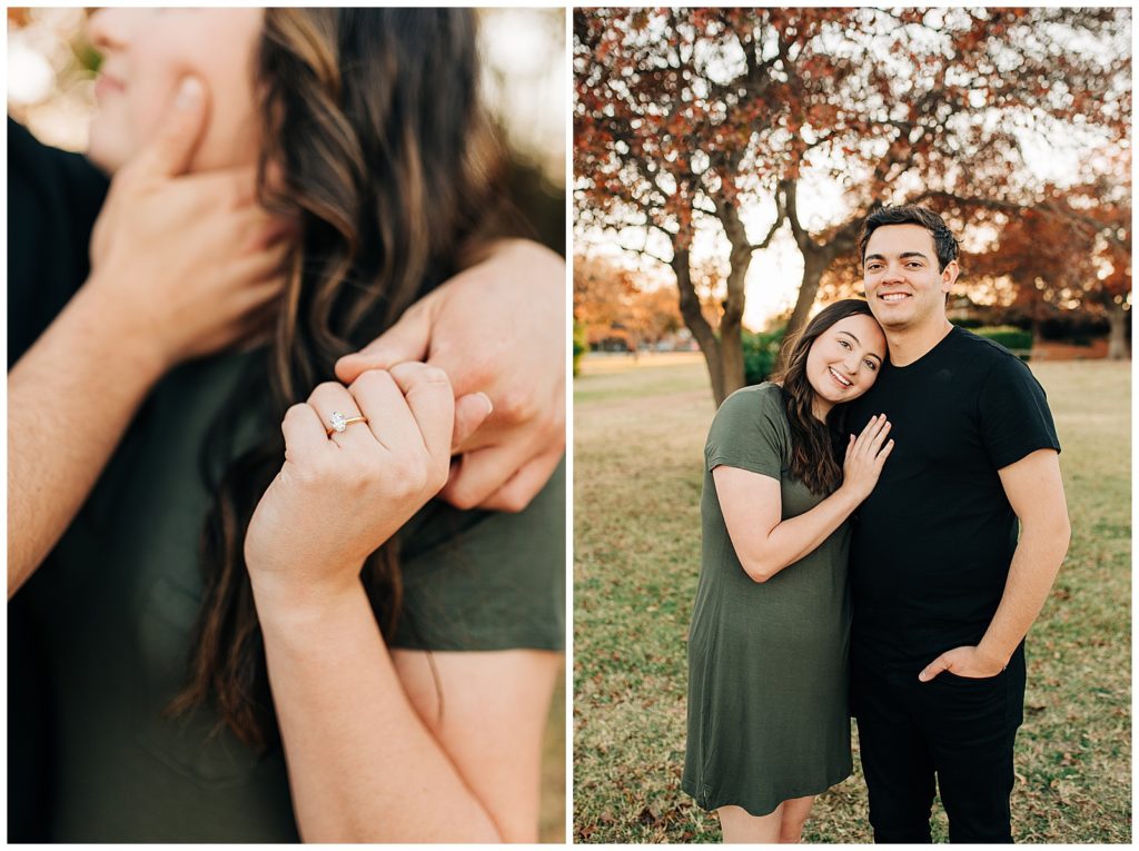 Engaged couple posing for portraits in the fall at the Lubbock Memorial Arboretum