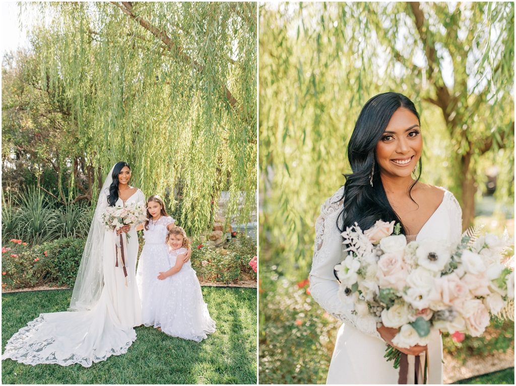 bride in long sleeve lace wedding dress, holding white bouquet with anemones, blush roses, and dried pampas grass