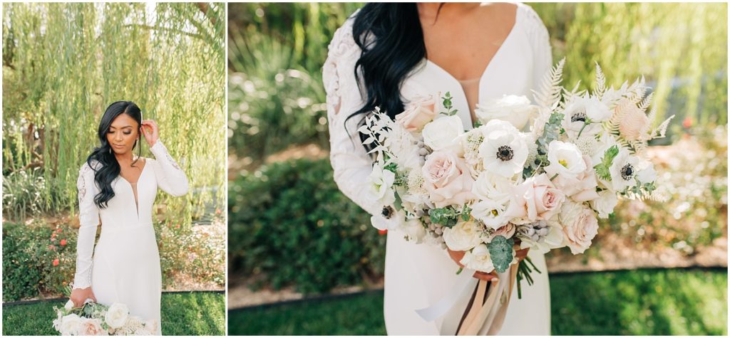 bride in long sleeve lace wedding dress, holding white bouquet with anemones, blush roses, and dried pampas grass
