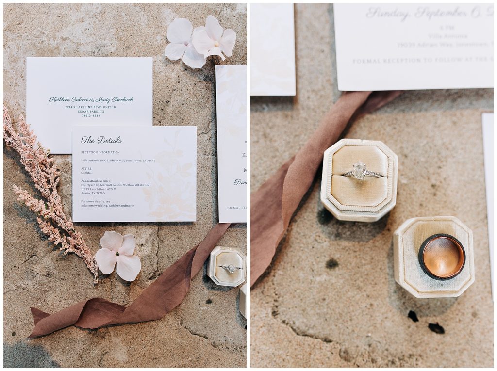 wedding details - blush ribbon, rings, wedding invitations 