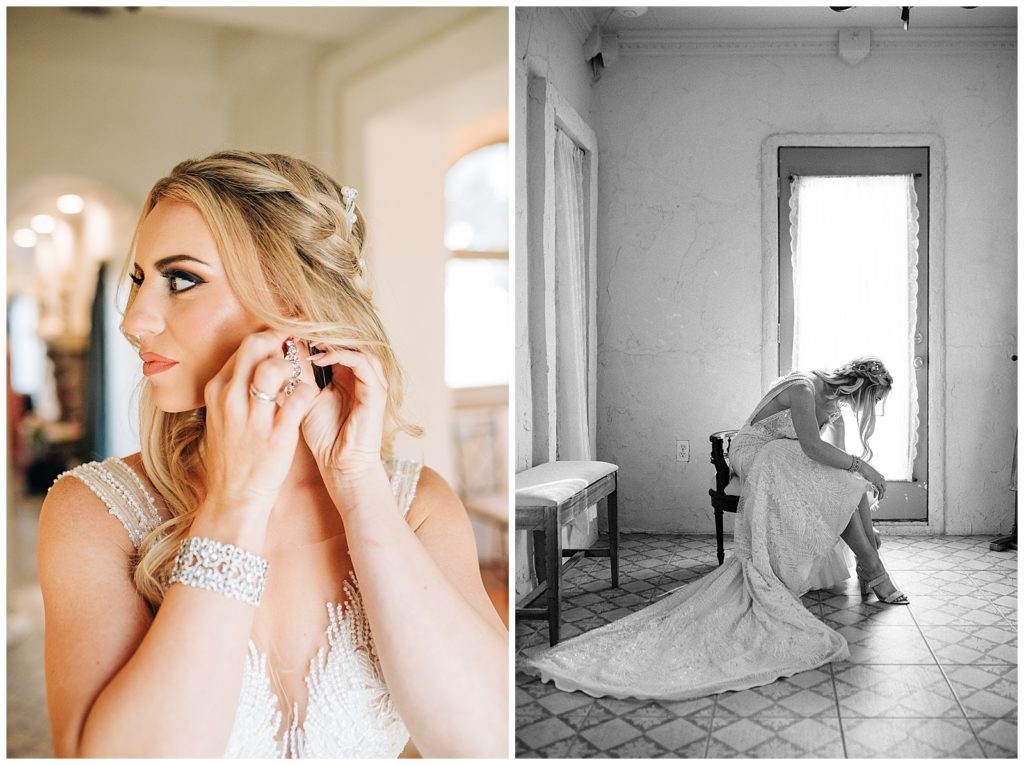 bride putting on wedding dress, shoes, and earrings