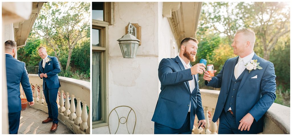 groom in navy suit getting ready on wedding day