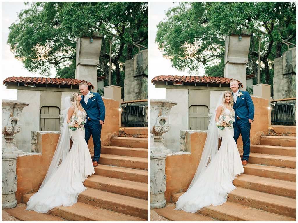 bride and groom portraits, groom wearing navy suit, bride holding blush bridal bouquet