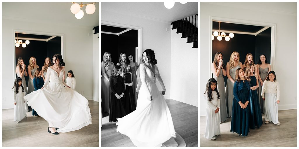 bride first look with her bridesmaids on wedding day 