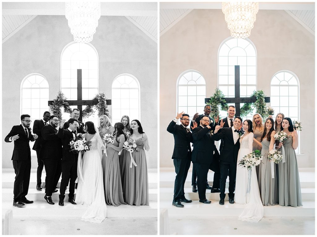 bridal party posing for portraits at wedding ceremony altar