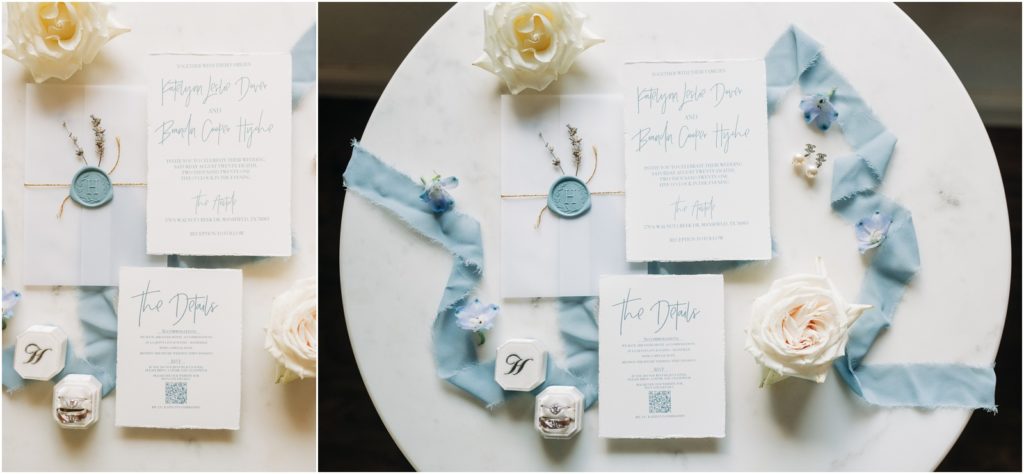 white and dusty blue wedding invitations