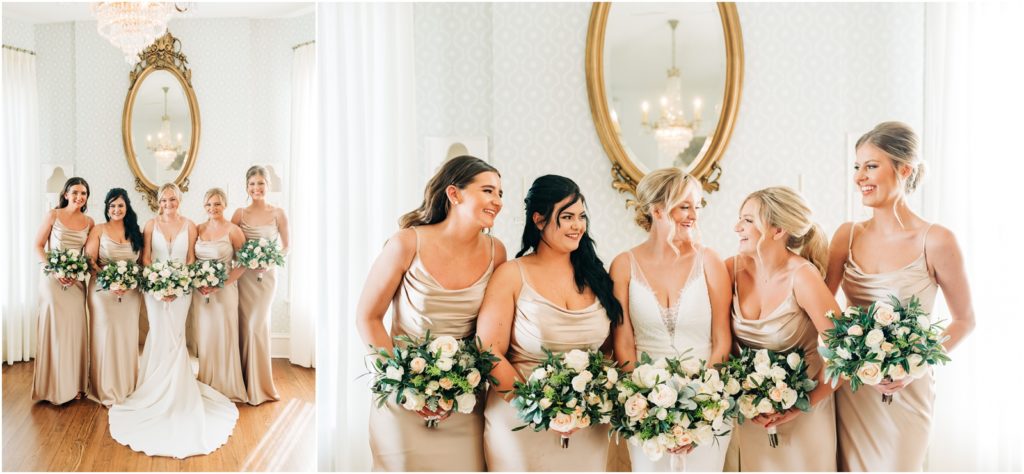 bridesmaids in champagne satin dresses at wedding at woodbine mansion, captured by Kimberly Correa Texas wedding photographer