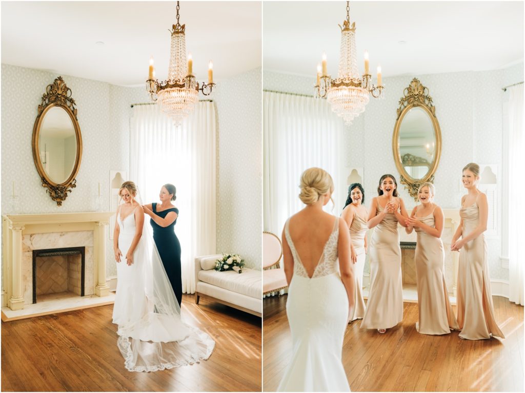 bridesmaids in champagne satin dresses at wedding at woodbine mansion, captured by Kimberly Correa Texas wedding photographer