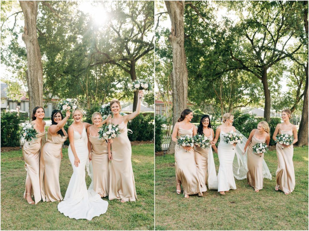 bridesmaids in champagne satin dresses at wedding at woodbine mansion