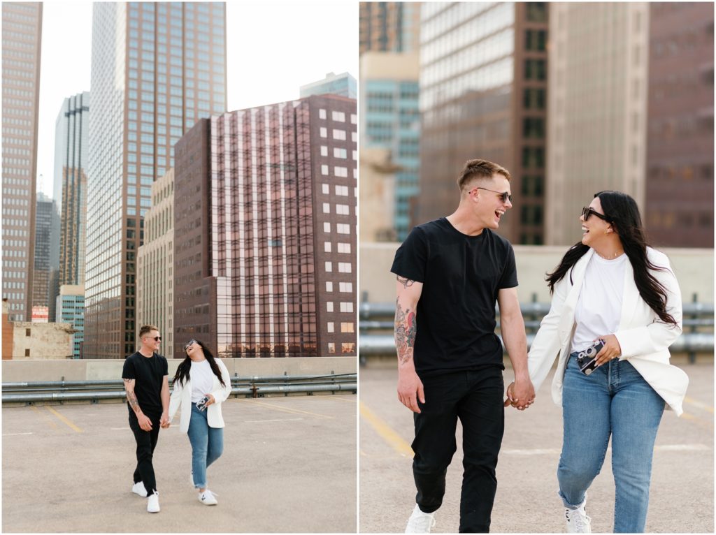 Engagement session in Downtown Dallas on a rooftop of a parking garage