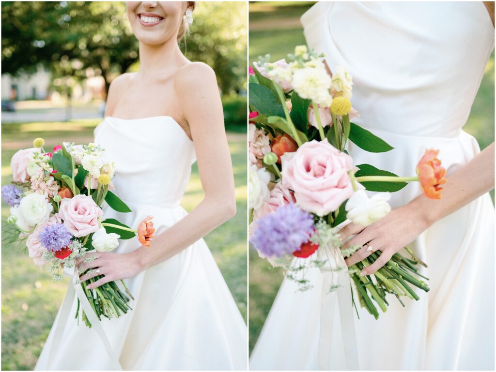 bridal details, bride holding bouquet with ring