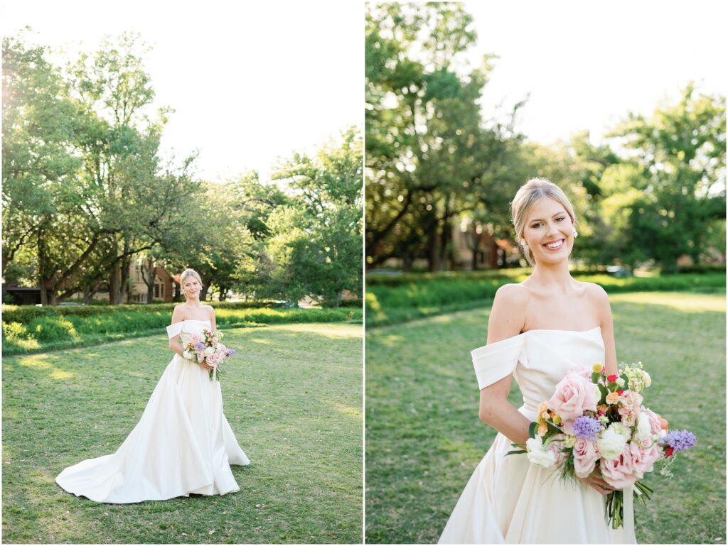 bride in gown at flippen park holding bouquet