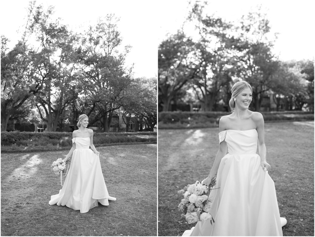 black and white photo of bride in gown 