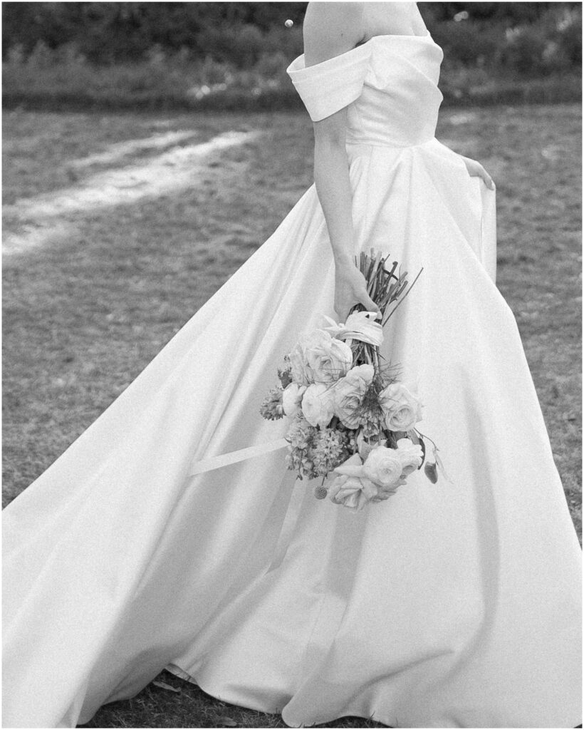 black and white close up photo of bride in gown at flippen park 